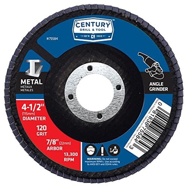 Century Drill & Tool Century Drill & Tool 75584 4.5 in. Zircona Grit Flap Disc - 120 Grit 75584 - main